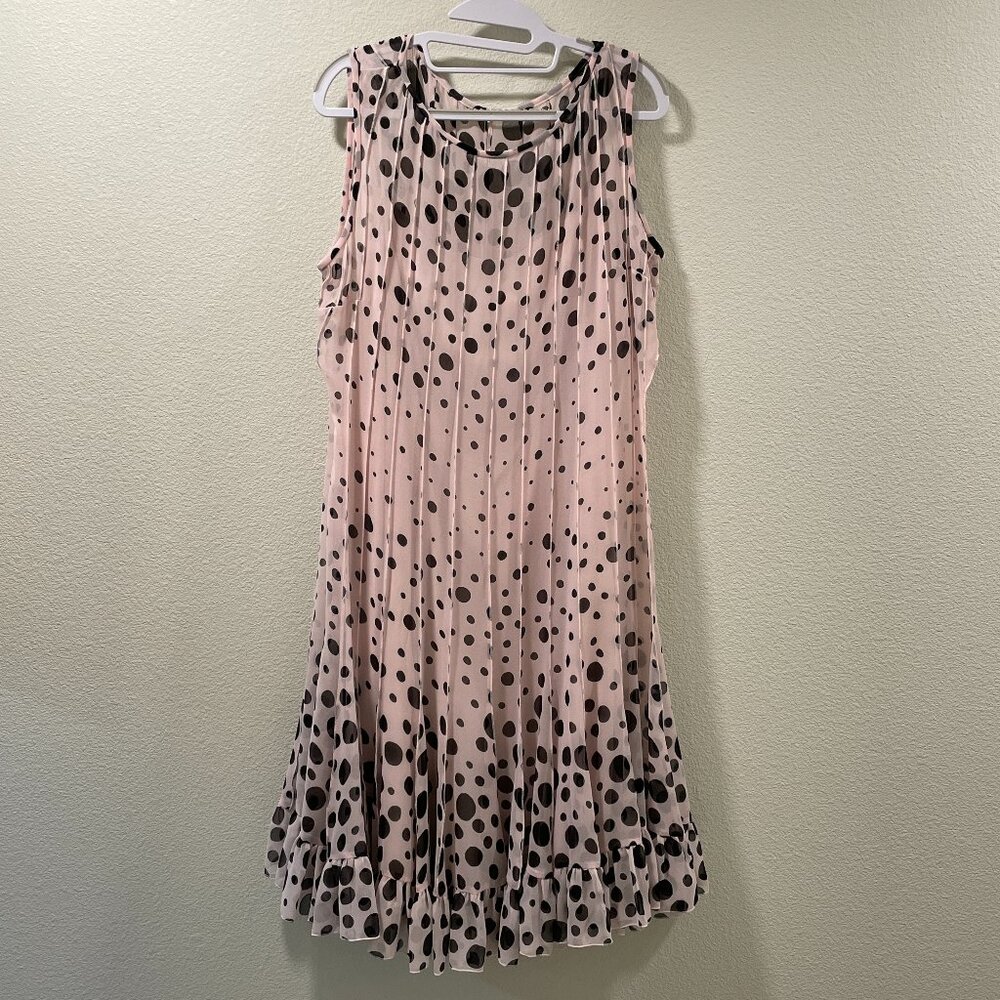 RICKIE FREEMAN for TERI JON Pink with Black Dots Sleeveless Midi Dress Size 18